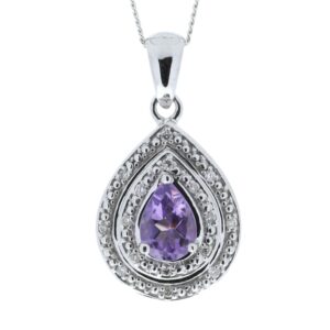 9ct White Gold Amethyst Pear Shaped Cluster Diamond Pendant 0.08 Carats