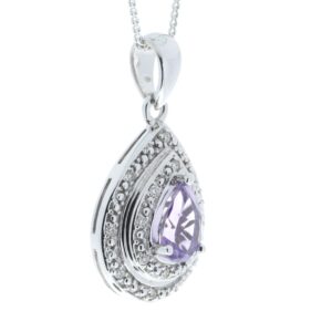 9ct White Gold Amethyst Pear Shaped Cluster Diamond Pendant 0.08 Carats