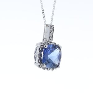 9ct White Gold Created Ceylon Sapphire Diamond Pendant 0.05 Carats