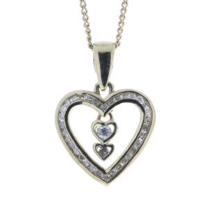 9ct Yellow Gold Heart Pendant  Set With Diamonds & 2 Hanging Inner Hearts 0.21 Carats