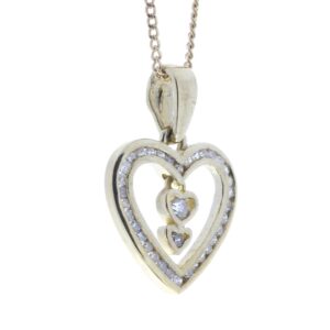 9ct Yellow Gold Heart Pendant  Set With Diamonds & 2 Hanging Inner Hearts 0.21 Carats