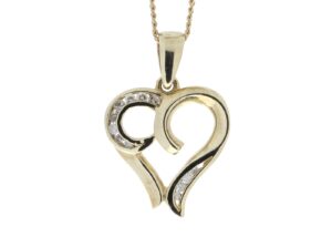 9ct Yellow Gold Heart Pendant with Diamonds in Top & Bottom Corner Swirls 0.10 Carats