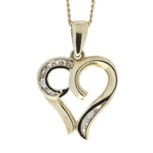 9ct Yellow Gold Heart Pendant with Diamonds in Top & Bottom Corner Swirls 0.10 Carats