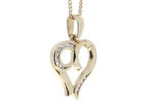 9ct Yellow Gold Heart Pendant with Diamonds in Top & Bottom Corner Swirls 0.10 Carats