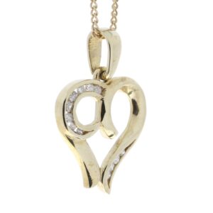 9ct Yellow Gold Heart Pendant with Diamonds in Top & Bottom Corner Swirls 0.10 Carats