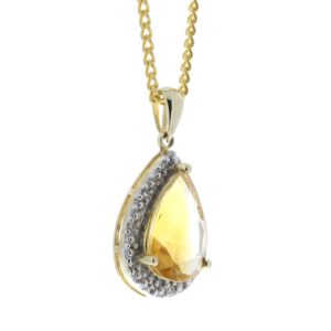 9ct Yellow Gold Citrine ring Diamond Cluster Pendant 0.08 Carats