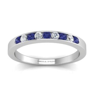 9ct White Gold Channel Set Semi Eternity Diamond & Sapphire Ring 0.12 Carats