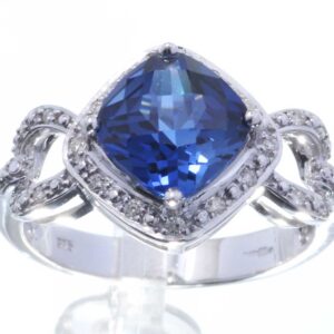 9ct White Gold Created Ceylon Saphire Diamond Ring 0.11 Carats