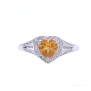 9ct White Gold Heart Shape Citrine Diamond Ring 0.20 Carats