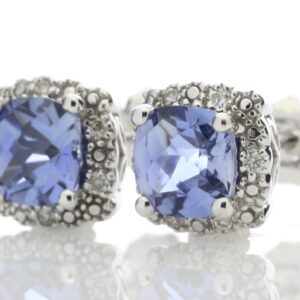 9ct White Gold Created Ceylon Sapphire Diamond Earring 0.08 Carats