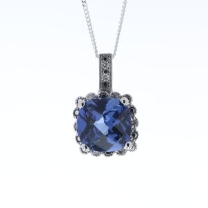 9ct White Gold Created Ceylon Sapphire Diamond Pendant 0.05 Carats