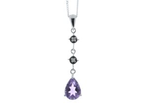 9ct White Gold Amethyst And Diamond Pendant 0.01 Carats