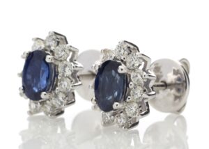 18ct White Gold Oval Cluster Claw Set Diamond And Sapphire Earring (S 1.33) 0.62 Carats