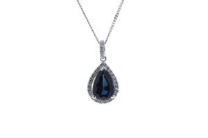 18ct White Gold Pear Shape Sapphire In Diamond Halo Setting Pendant (P 2.35) 0.18