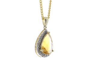 9ct Yellow Gold Citrine ring Diamond Cluster Pendant 0.08 Carats