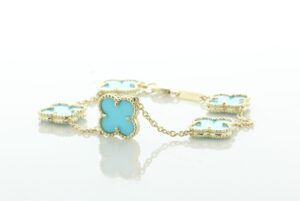 9ct Yellow Gold Vintage Alhambra Gold And Turquoise Bracelet