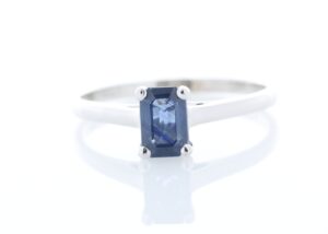 9ct White Gold Single Stone Emerald Cut Sapphire Ring 0.58