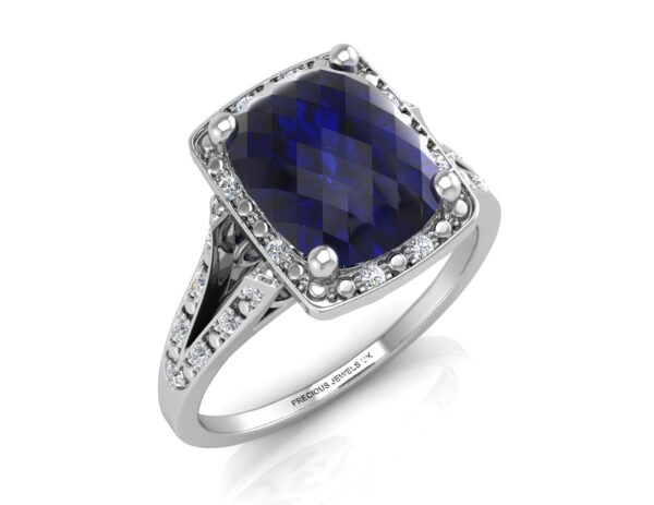 9ct White Gold Cushion Cluster Diamond And Created Ceylon Sapphire Ring 0.11 Carats