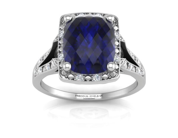 9ct White Gold Cushion Cluster Diamond And Created Ceylon Sapphire Ring 0.11 Carats - Image 3