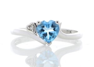 9ct White Gold Diamond and Heart Shaped Blue Topaz Ring 0.01 Carats