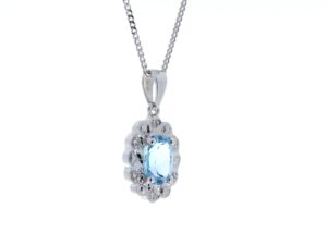 9ct White Gold Fancy Cluster Diamond Blue Topaz Pendant 0.02 Carats