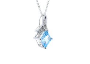 9ct White Gold Diamond And Blue Topaz Pendant 0.02 Carats