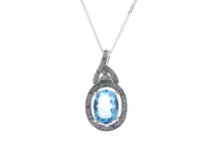 9ct White Gold Diamond Blue Topaz Pendant 0.05 Carats