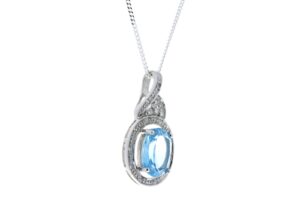 9ct White Gold Diamond Blue Topaz Pendant 0.05 Carats