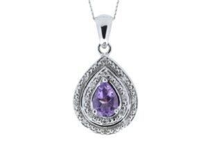 9ct White Gold Amethyst Pear Shaped Cluster Diamond Pendant 0.08 Carats