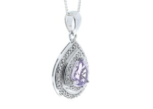 9ct White Gold Amethyst Pear Shaped Cluster Diamond Pendant 0.08 Carats