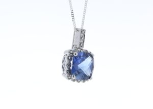 9ct White Gold Created Ceylon Sapphire Diamond Pendant 0.05 Carats