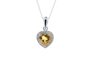 9ct White Gold Citrine Heart Shape Diamond Pendant 0.10 Carats