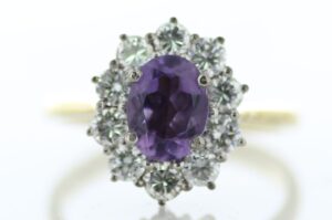 18ct Yellow Gold Oval Cluster Claw Set Diamond And Amethyst Ring (A1.28) 1.00