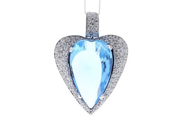 18ct White Gold Single Stone Heart Cut Diamond And Blue Topaz Pendant 1.10 Carats