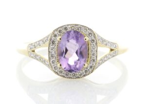 9ct Yellow Gold Amethyst And Diamond Halo Set Ring 0.21 Carats