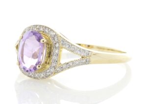 9ct Yellow Gold Amethyst And Diamond Halo Set Ring 0.21 Carats