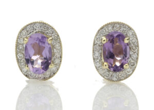 9ct Yellow Gold Amethyst and Diamond Cluster Earring 0.18 Carats