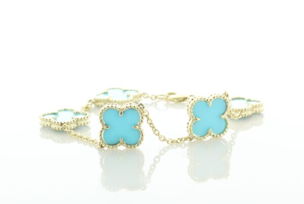 9ct Yellow Gold Vintage Alhambra Gold And Turquoise Bracelet - Image 2