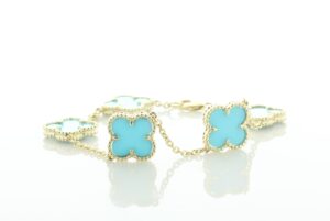 9ct Yellow Gold Vintage Alhambra Gold And Turquoise Bracelet