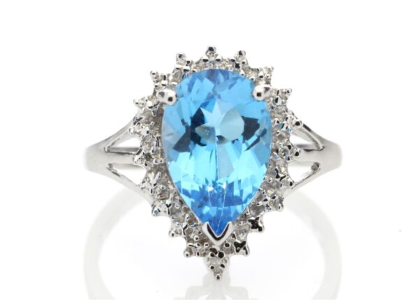 9ct White Gold Diamond And Blue Topaz Ring 0.01 Carats