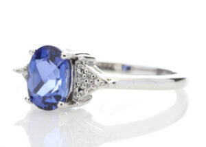 9ct White Gold Created Ceylon Sapphire Diamond Ring 0.03 Carats