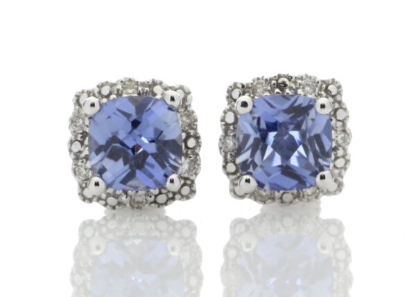 9ct White Gold Created Ceylon Sapphire Diamond Earring 0.08 Carats