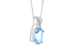 9ct White Gold Diamond And Blue Topaz Pendant 0.01 Carats