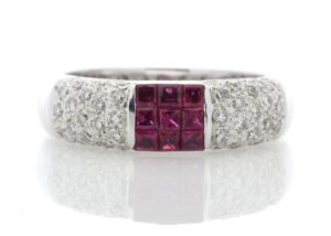 18ct White Gold Grain Set Semi Eternity Diamond And Ruby Ring (R 0.53) 0.49 Carats