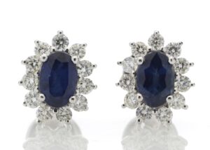 18ct White Gold Oval Cluster Claw Set Diamond And Sapphire Earring (S 1.33) 0.62 Carats