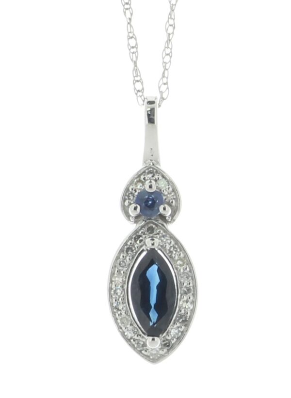 14ct White Gold Marquise Cluster Diamond And Sapphire Pendant And Chain 0.08