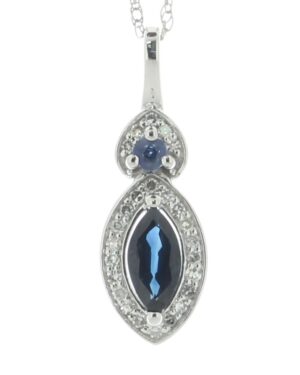 14ct White Gold Marquise Cluster Diamond And Sapphire Pendant And Chain 0.08