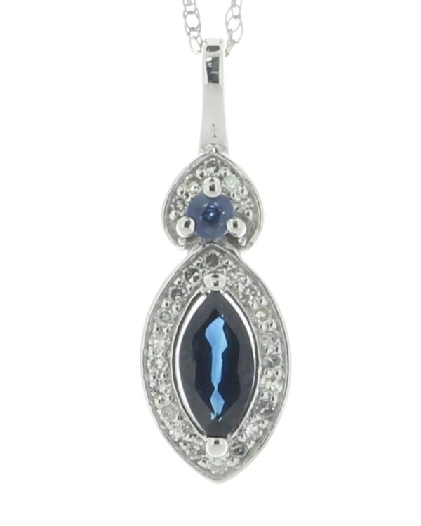 14ct White Gold Marquise Cluster Diamond And Sapphire Pendant And Chain 0.08 - Image 2