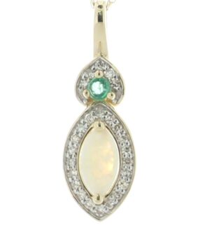 14ct Yellow Gold Marquise Cluster Diamond And Opal Pendant And Chain 0.08