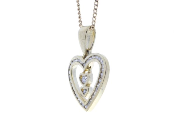 9ct Yellow Gold Heart Pendant  Set With Diamonds & 2 Hanging Inner Hearts 0.21 Carats - Image 4